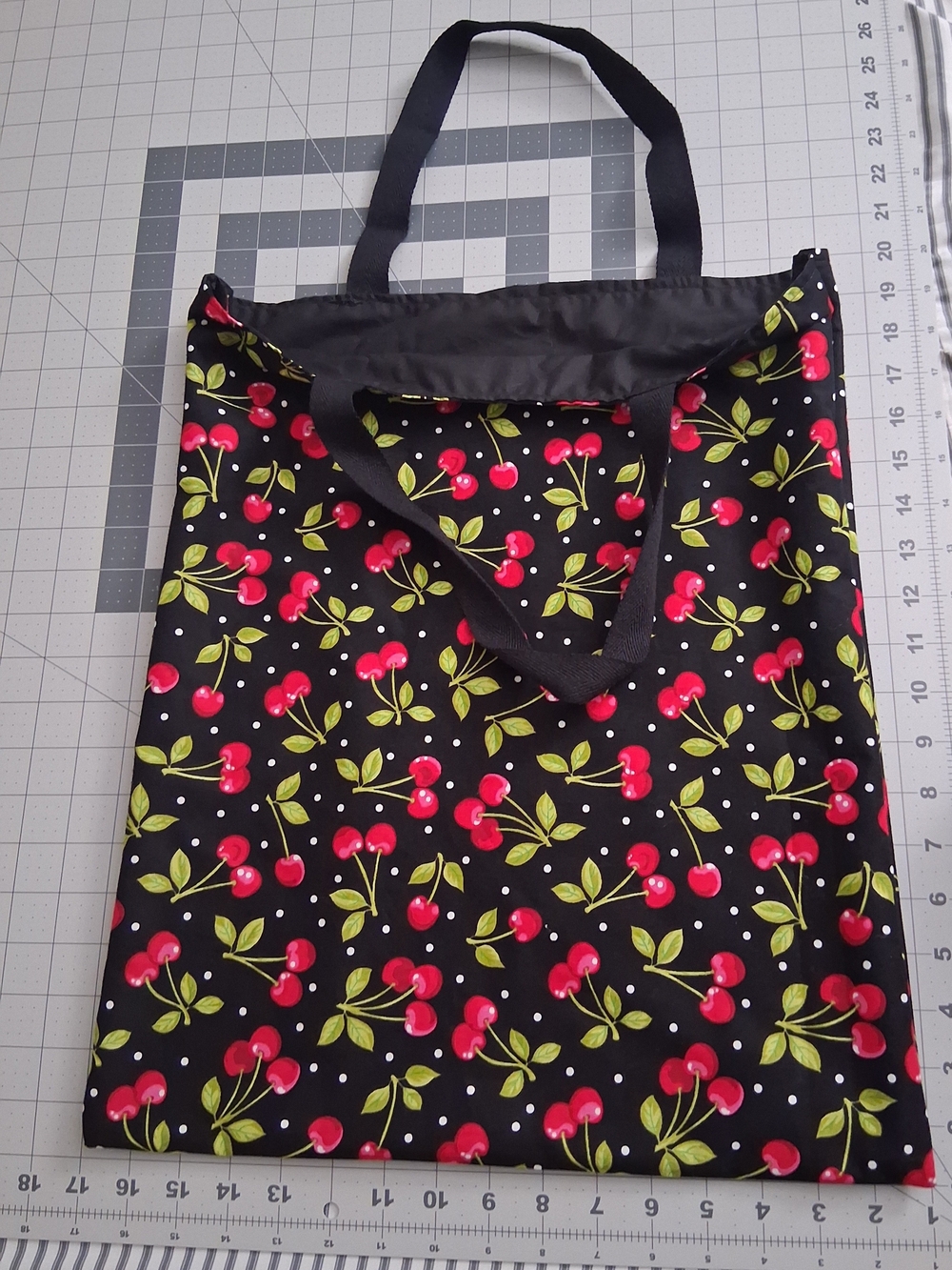 Cherry Pattern Black Tote Bag with Red Accents